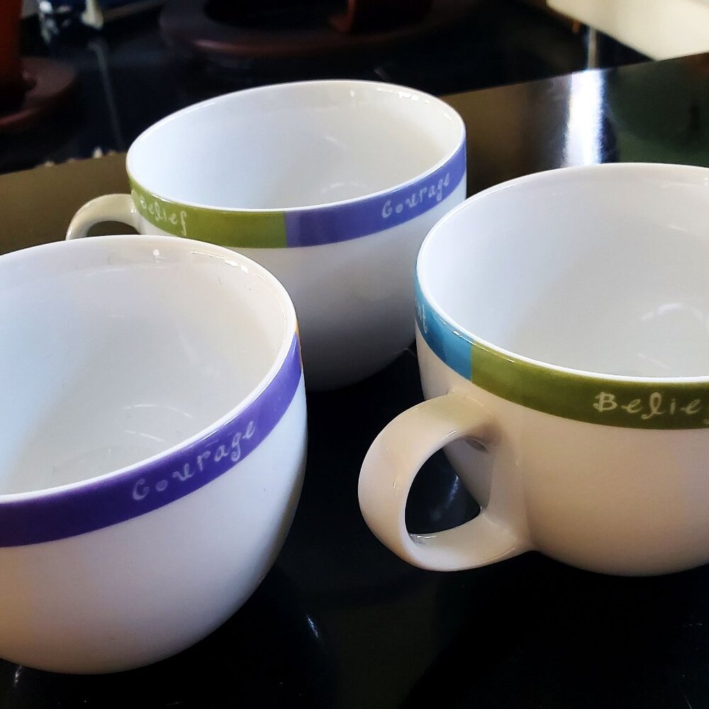 3 Mary Kay Cups Words to Live By Belief Courage Enthusiasm Commitment No Saucers